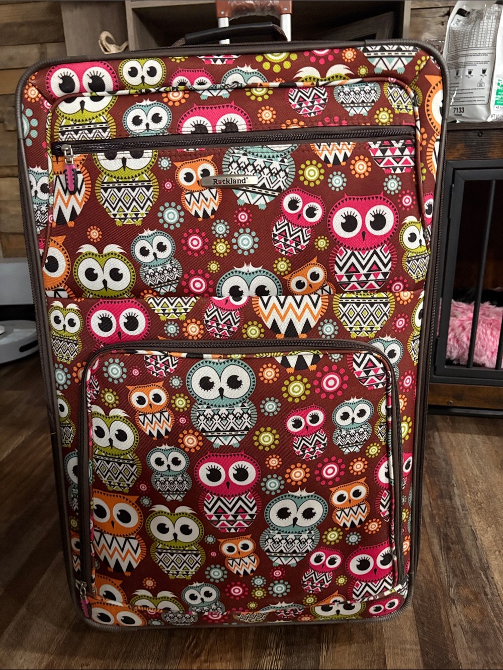 Rockland Brown Owl-Print Rolling Suitcase - Colorful Accent Luggage